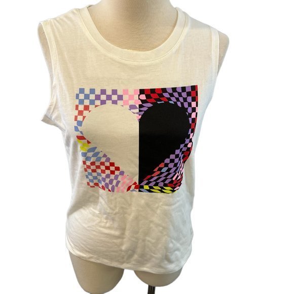 NWOT BP Graphic Muscle Tank in White Checker Heart (XS) - Picture 3 of 12